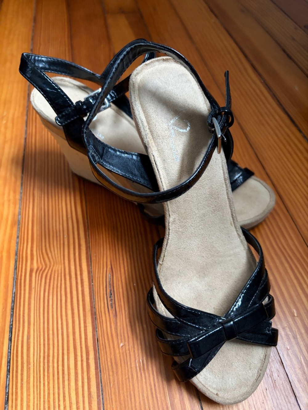A2 By Aerosoles Black Patent Wedge Sandals with Bow Accent